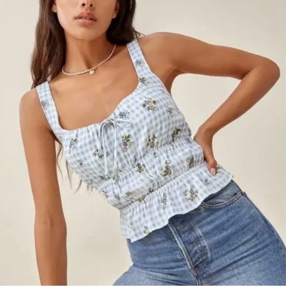 Reformation Square-Neck Floral Print Ruched Ruffled-Hem Tank Top